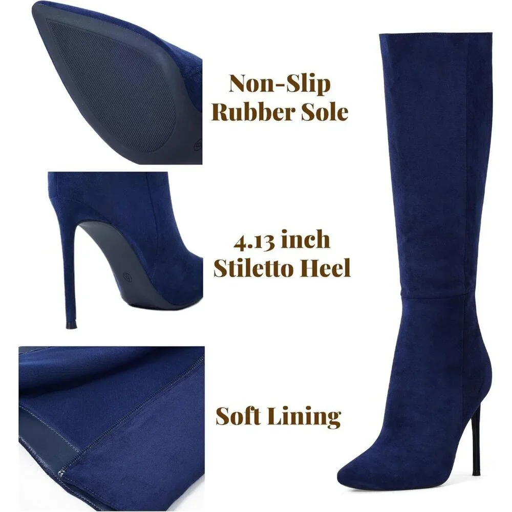 Women's Navy Blue Leather Suede Knee High Stiletto Tall Pointed Toe Stylish Boot